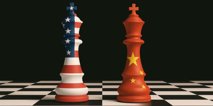 Chess pieces representing the United States and China stand on a chessboard, symbolizing strategic competition between the two nations.