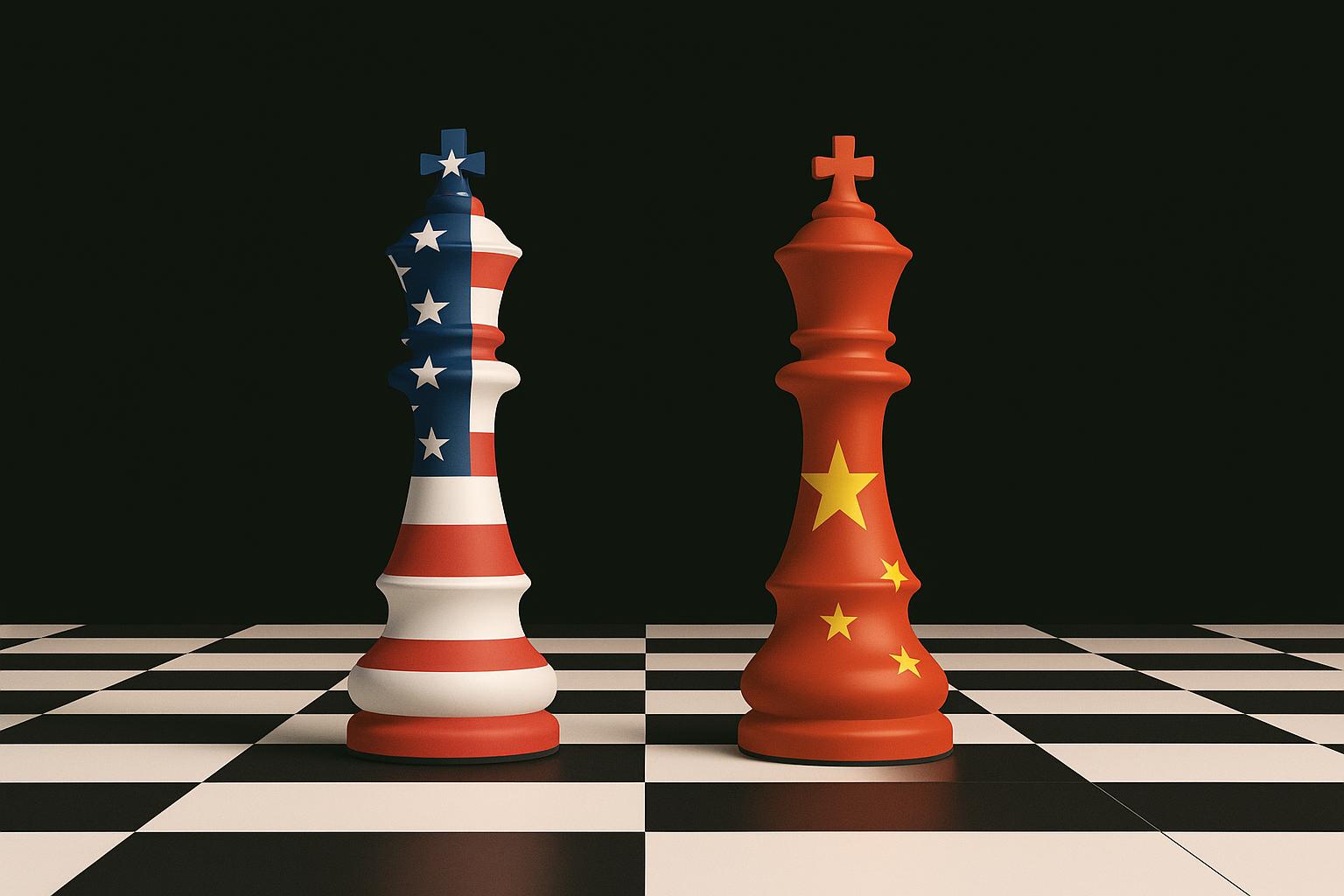 Chess pieces representing the United States and China stand on a chessboard, symbolizing strategic competition between the two nations.