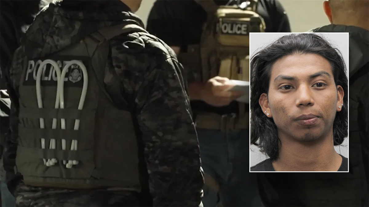 Split depicting ICE agents and mugshot of Jorge Armando Melendez-Gonzalez