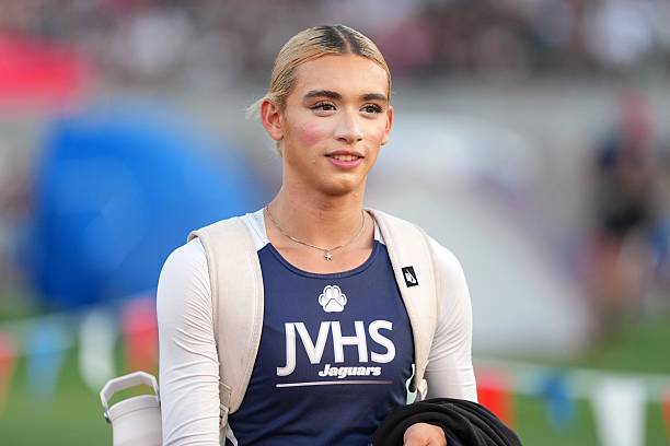 Transgender athlete AB Hernandez of Jurupa Valley leaves the track during the CIF State Track and Field Championships at Veterans Memorial Stadium on...