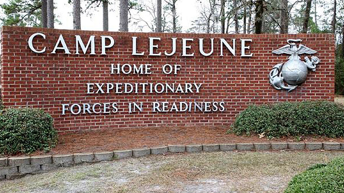 A sign at the entrance to U.S. Marine Corps Base Camp Lejeune, in eastern North Carolina, U.S., sits in this undated handout photo