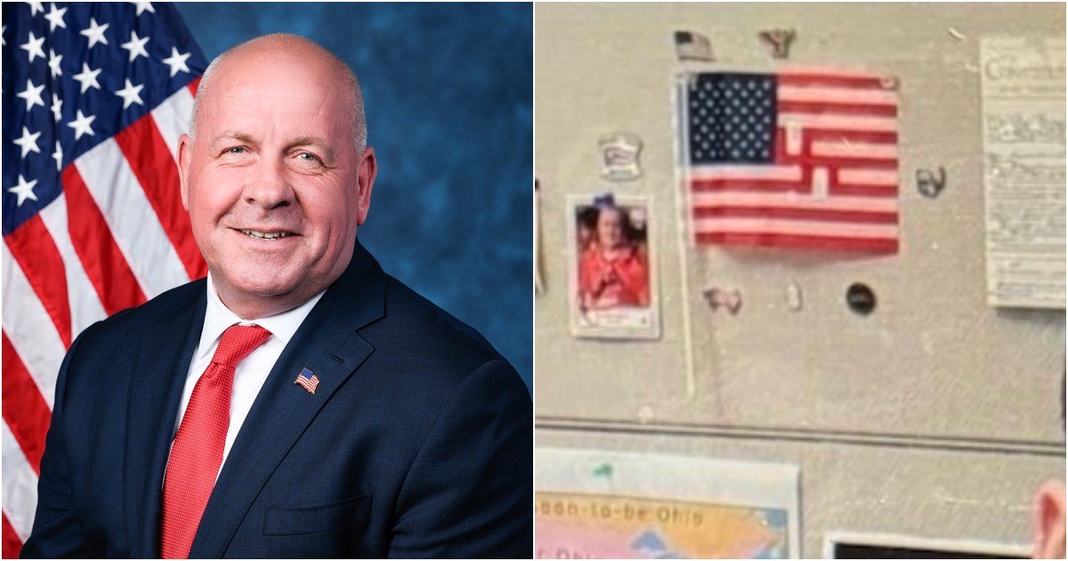 Portrait of a smiling man in a suit with an American flag backdrop, alongside a refrigerator adorned with a small American flag and personal photos.