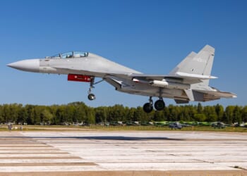 Shenyang J-16 jet fighter of People's Liberation Army Air Force seen landing at Dyagilevo airfield during Aviadarts contest.