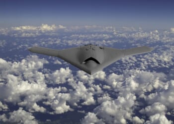 A stealth bomber drone in flight.