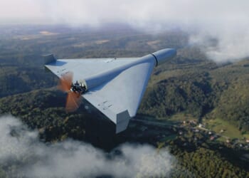 A Shahed kamikaze drone in flight.