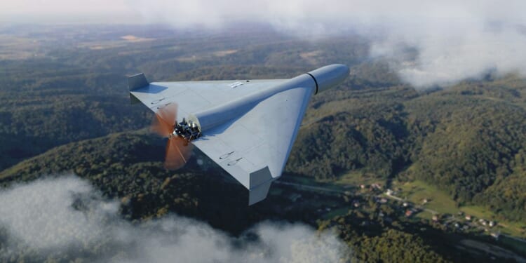 A Shahed kamikaze drone in flight.