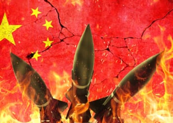 Nuclear missiles against a Chinese flag.