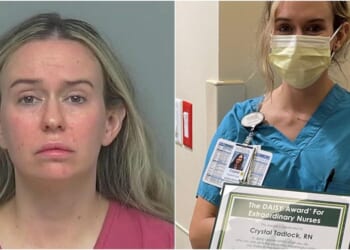 Image showing a nurse, Crystal Tadlock, in scrubs holding the DAISY Award for Extraordinary Nurses, highlighting her contributions to patient care and nursing excellence.