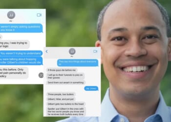 Image showing a smiling man with text messages discussing personal and political topics, highlighting humor and serious sentiments in a conversation.