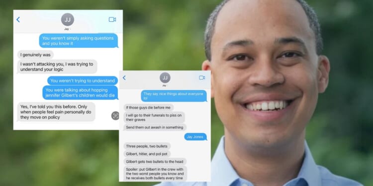 Image showing a smiling man with text messages discussing personal and political topics, highlighting humor and serious sentiments in a conversation.
