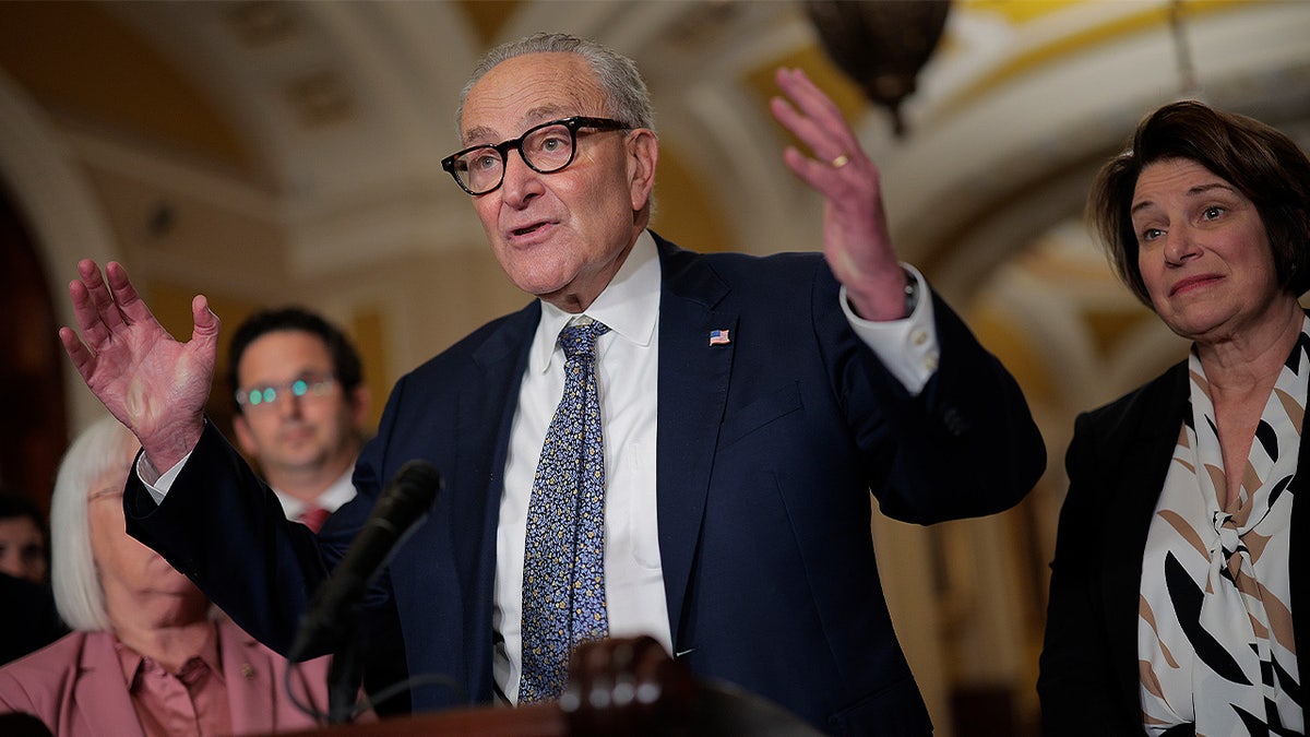 Senate Minority Leader Chuck Schumer, D-NY, with his hands up