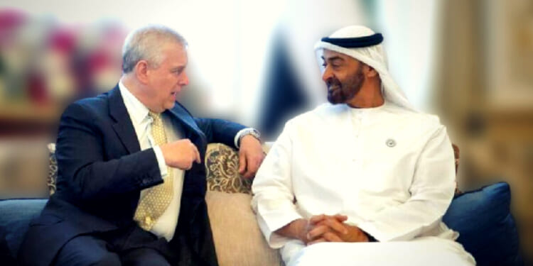 Two men engaged in a conversation on a sofa, representing diplomatic relations, with one in formal attire and the other in traditional Emirati dress.