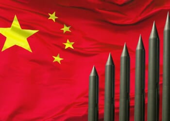 A Chinese flag with missiles.