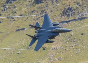 An F-15E Strike Eagle making a turn.