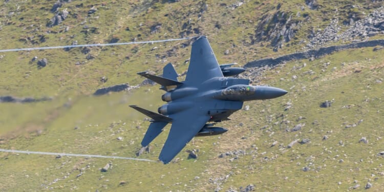 An F-15E Strike Eagle making a turn.