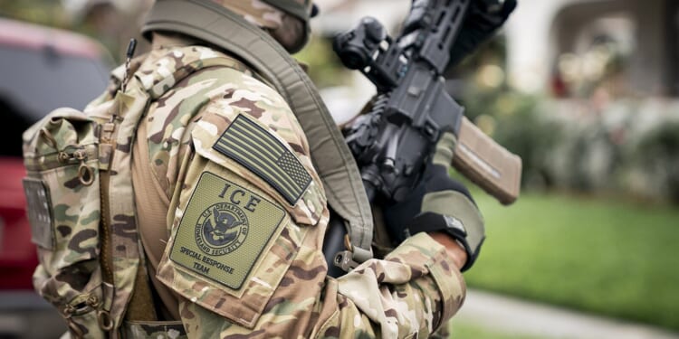 ICE special response team member in tactical gear holding a firearm, showcasing a camouflage uniform and agency patches.
