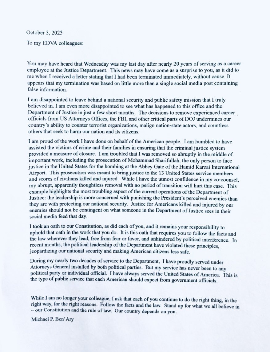 Letter from Michael P. Ben' Ary addressing colleagues about his unexpected termination from the Justice Department after nearly 20 years of service, highlighting concerns about national security and public safety.