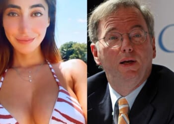 A split image featuring a woman in a striped bikini on the left and a man in a suit speaking at a conference on the right.