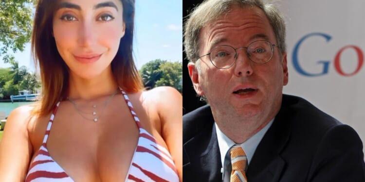 A split image featuring a woman in a striped bikini on the left and a man in a suit speaking at a conference on the right.