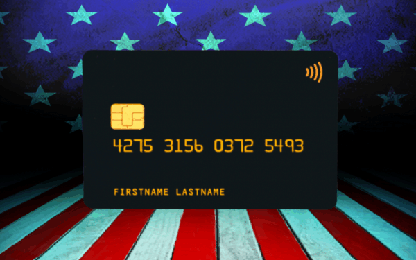 Credit card displayed against a backdrop of American flags and stripes, emphasizing financial services and payment options.