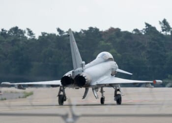 The multirole fighter Eurofighter Typhoon on the airfield. ILA Berlin Air Show 2024.
