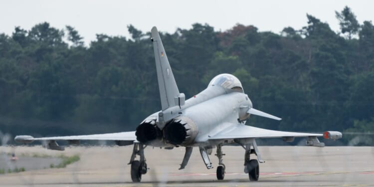 The multirole fighter Eurofighter Typhoon on the airfield. ILA Berlin Air Show 2024.