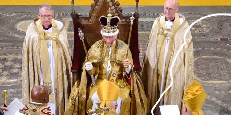 Ceremonial event featuring a crowned figure in ornate robes, flanked by clergy in golden vestments, during a religious service.