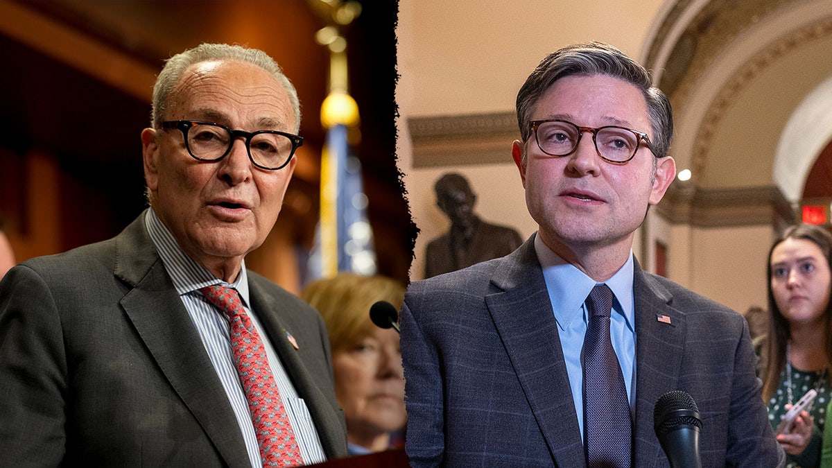 A split image of Chuck Schumer and Mike Johnson