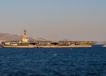 The USS Gerald Ford aircraft carrier at sea.