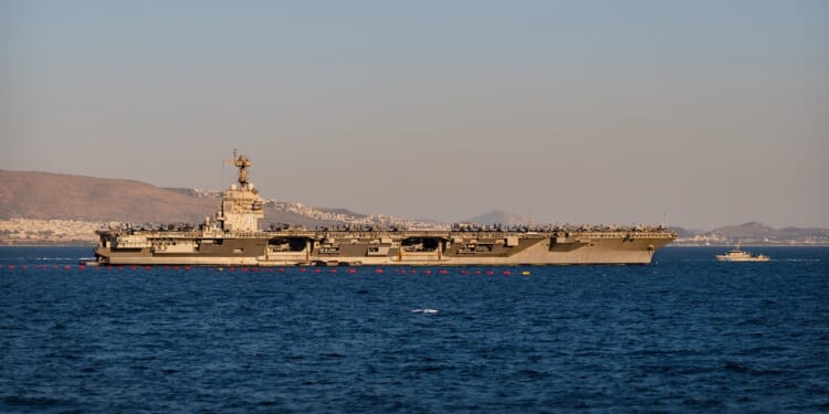 The USS Gerald Ford aircraft carrier at sea.