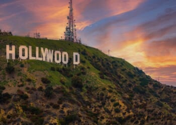 Los Angeles, USA. July 10, 2023. Famous Hollywood Sign in Mount Lee in Los Angeles, California. Aerial view of the Hollywood hills.