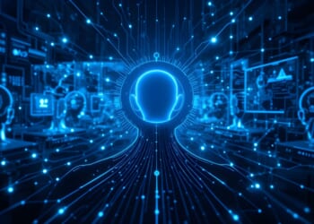 AI Intelligence: Dive into a futuristic scene where a network of glowing circuits converges towards a central, human-like form, symbolizing the essence of artificial intelligence, computer, brain. symbolizing profession