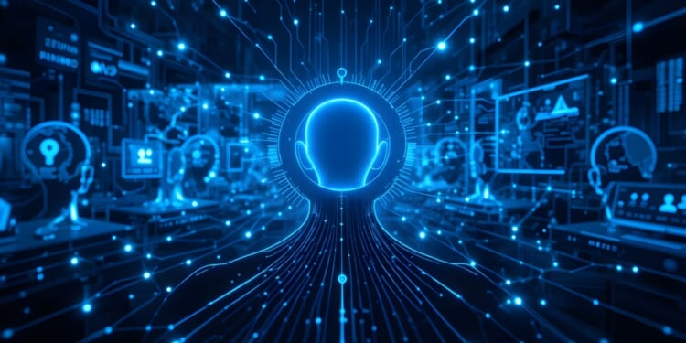 AI Intelligence: Dive into a futuristic scene where a network of glowing circuits converges towards a central, human-like form, symbolizing the essence of artificial intelligence, computer, brain. symbolizing profession