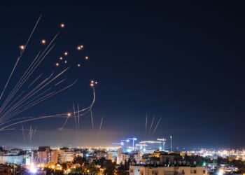 Israel's Iron Dome firing rockets at incoming missiles.