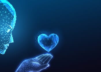 Futuristic AI robotic head gazes at glowing heart, symbolizing technology role in emotions, compassion, and human connection against dark blue background. Low polygonal abstract vector illustration.