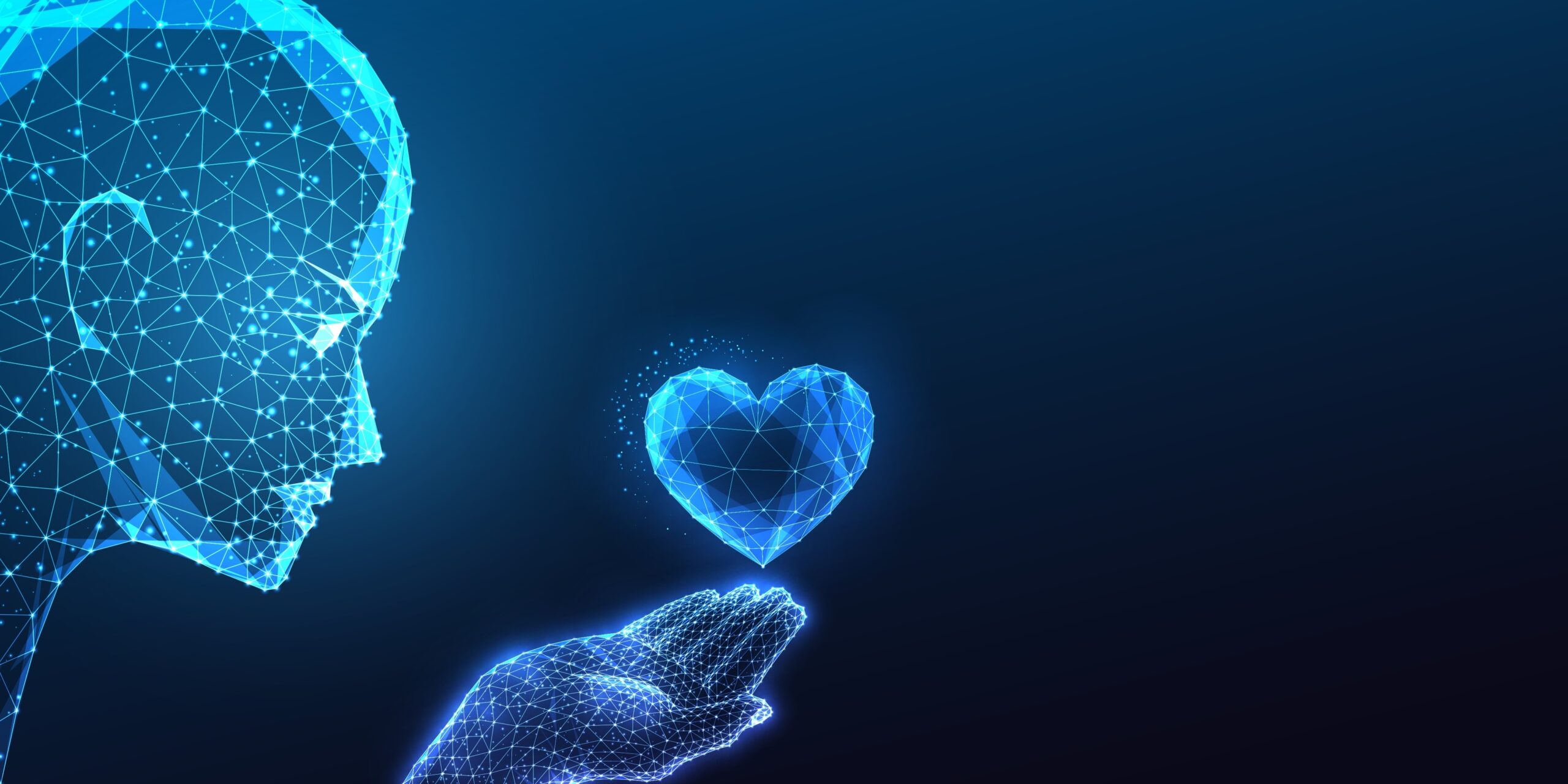 Futuristic AI robotic head gazes at glowing heart, symbolizing technology role in emotions, compassion, and human connection against dark blue background. Low polygonal abstract vector illustration.