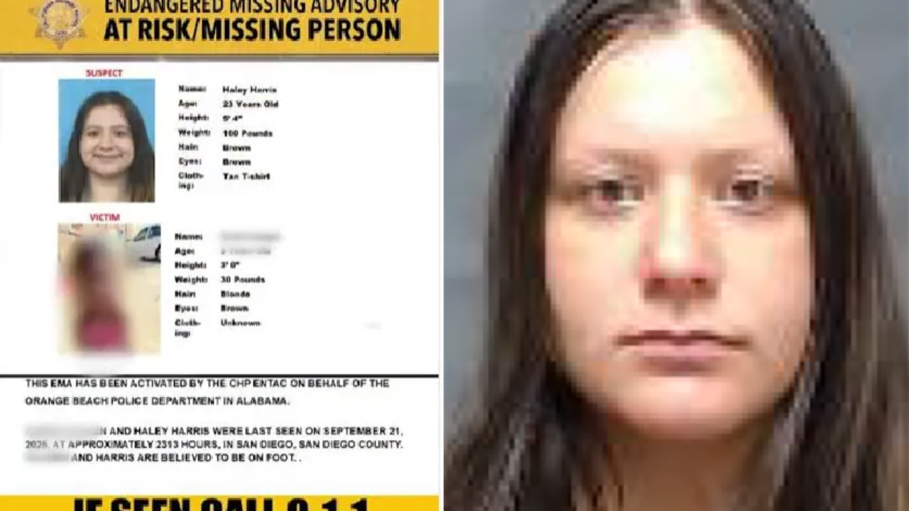 Endangered missing person advisory for Haley Harris, 25, last seen in San Diego, includes details of suspect and victim.