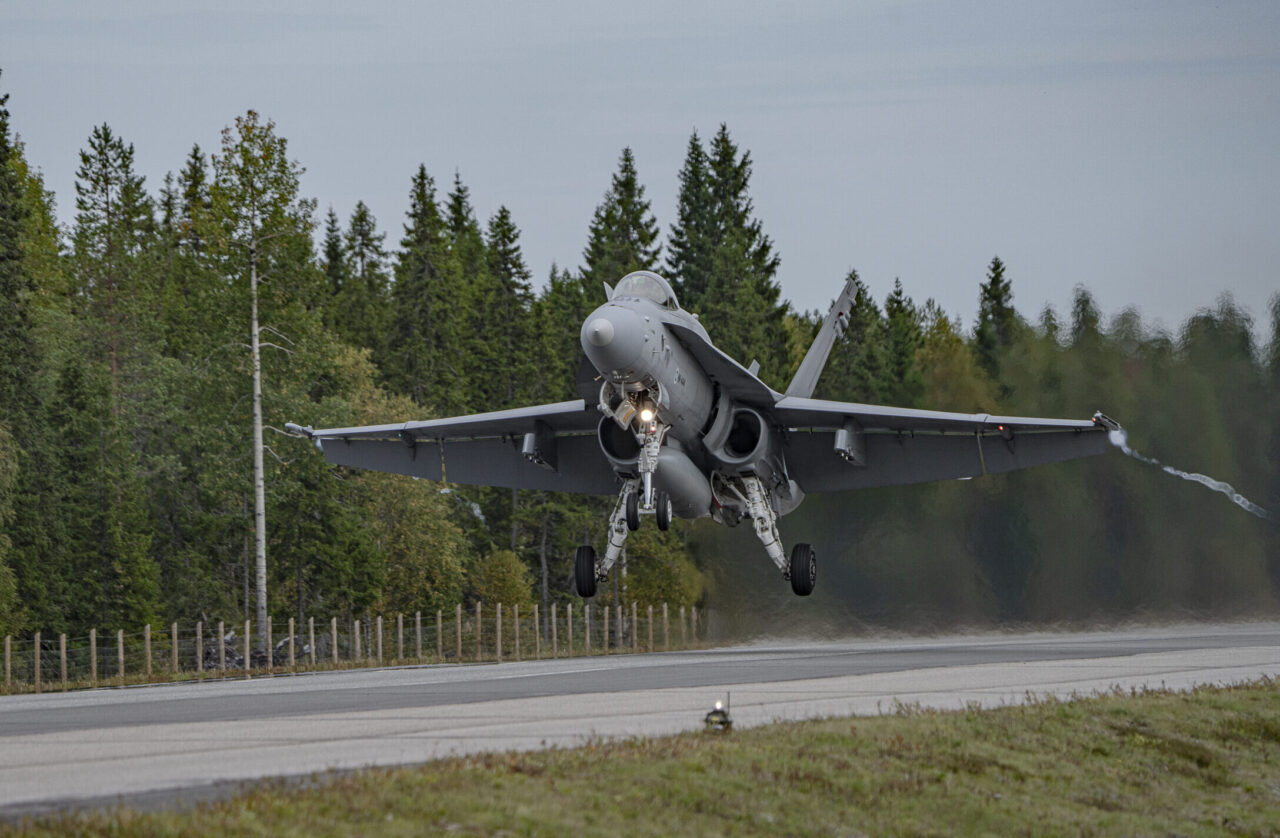 A Finnish Air Force F/A-18 Fighter Jet taxis out during the Exercise BAANA 2024, on Hosio Highway, Ranua, Finland, Sept. 04.