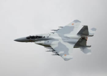 Qatar F-15QA fighter jet flies in the sky.