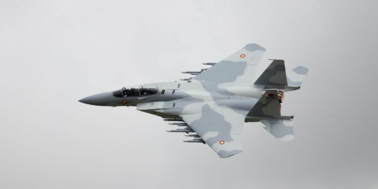 Qatar F-15QA fighter jet flies in the sky.