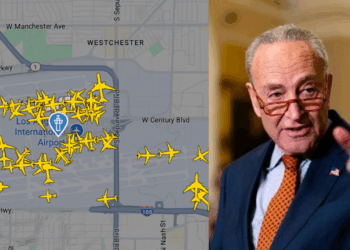Map showing multiple aircraft near Los Angeles International Airport alongside a prominent political figure discussing aviation issues.