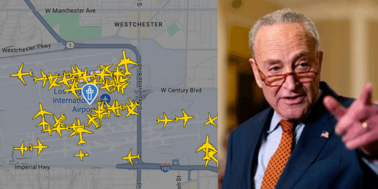 Map showing multiple aircraft near Los Angeles International Airport alongside a prominent political figure discussing aviation issues.
