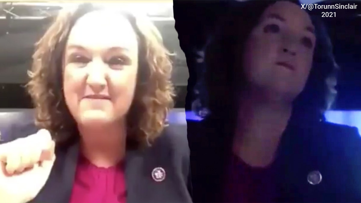 Katie Porter on a Zoom call with bright lights overhead.
