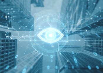 Futuristic digital eye icon overlaying cityscape, symbolizing computer vision and surveillance technology, themes in Person of Interest