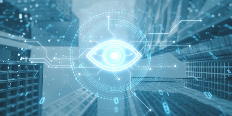 Futuristic digital eye icon overlaying cityscape, symbolizing computer vision and surveillance technology, themes in Person of Interest