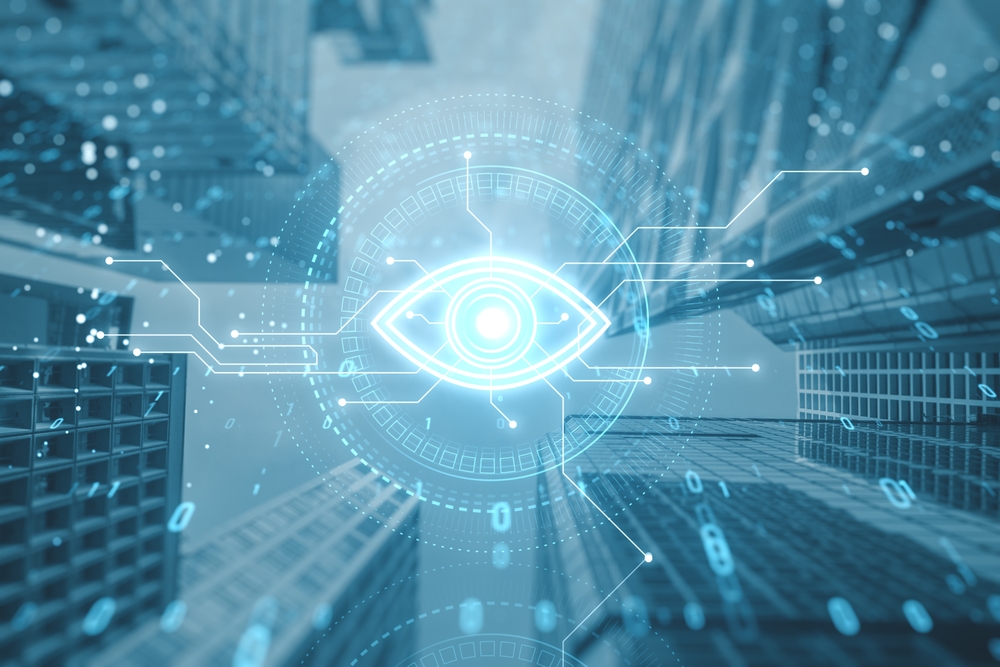 Futuristic digital eye icon overlaying cityscape, symbolizing computer vision and surveillance technology, themes in Person of Interest