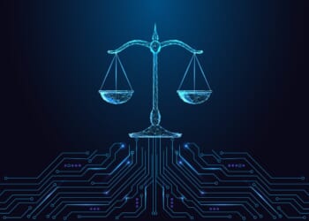 Legal technology and digital justice concept with glowing polygonal balance scale connected to circuit board on dark blue background. Futuristic low poly style, abstract vector illustration. Fifth amendment fights over spectrum rights
