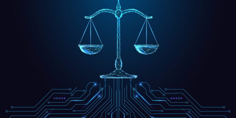 Legal technology and digital justice concept with glowing polygonal balance scale connected to circuit board on dark blue background. Futuristic low poly style, abstract vector illustration. Fifth amendment fights over spectrum rights
