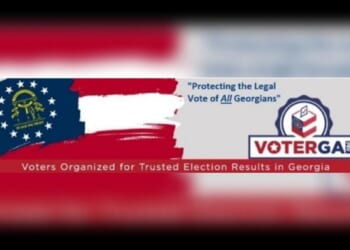 VoterGA logo promoting trusted election results in Georgia, featuring the state flag and emphasizing the protection of legal votes for all Georgians.