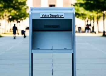 Voting drop box in a public space, encouraging civic engagement and secure ballot submission.